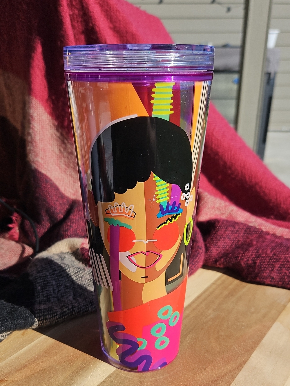 Starbucks Frankencup Bright Multicolor Pop Face Tumbler with Purple Sequin Lid